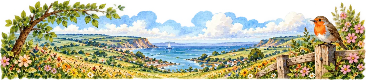 Watercolour painting of a coastal countryside valley with wildflowers, a fence post, a robin and an overhanging tree branch
