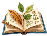 Watercolour open nature journal with pressed leaves