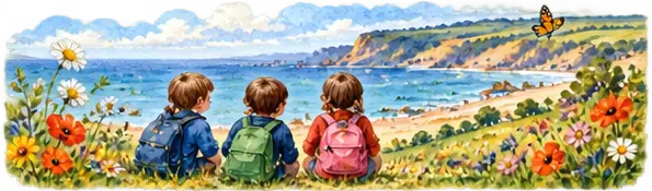 Watercolour painting of three children with backpacks sitting together overlooking a coastline