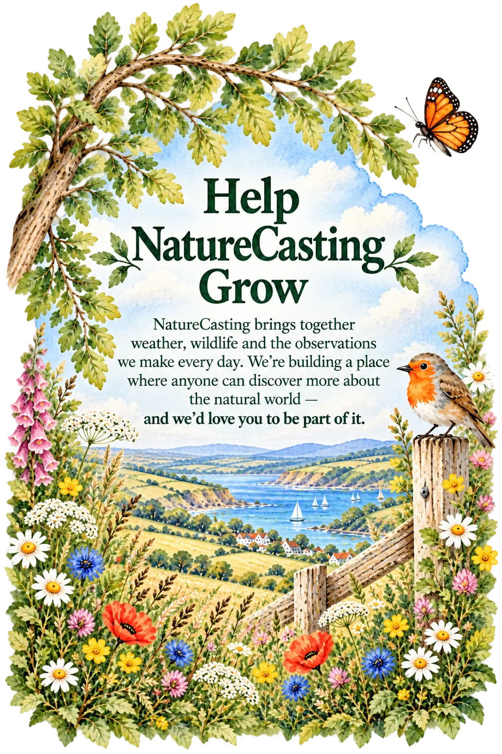 Watercolour illustration headed Help NatureCasting Grow: a coastal bay with a sailboat beneath rolling green hills, a tree branch overhead, a monarch butterfly in the sky, a robin perched on a flower-draped wooden fence and a meadow of wildflowers below