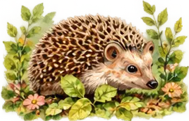 Watercolour hedgehog among leaves and flowers
