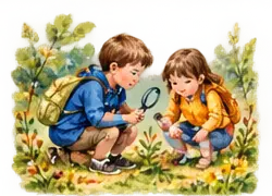 Two children exploring nature with a magnifying glass