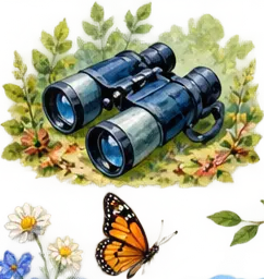 Watercolour binoculars surrounded by foliage
