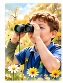 A young nature detective looking through binoculars in a wildflower meadow