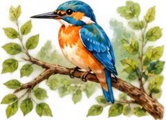 Watercolour kingfisher perched on a leafy branch