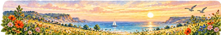 Watercolour sunset over a coastal valley with wildflowers, a sailboat and birds