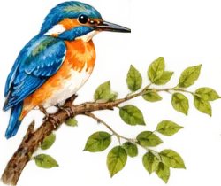 Watercolour kingfisher perched on a leafy branch