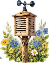Watercolour weather station surrounded by flowers
