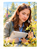 A student recording observations of wildflowers on a tablet