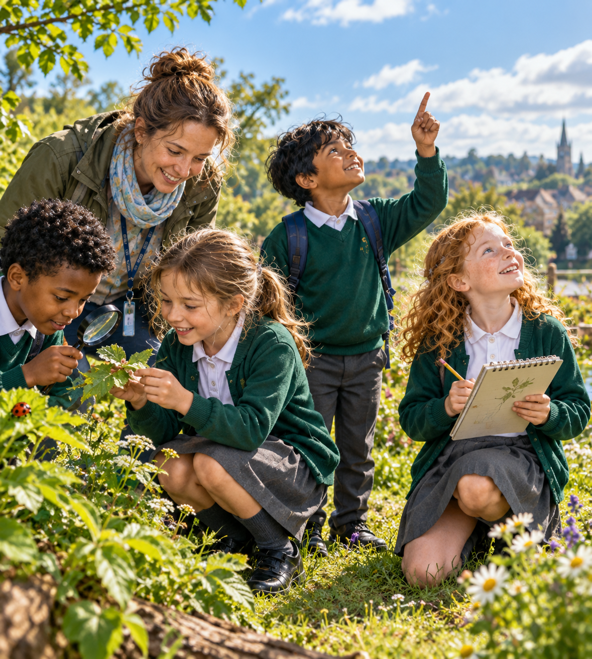 A teacher and pupils exploring plants and wildlife outdoors with a magnifying glass and sketchbook