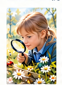 A young explorer studying wildflowers with a magnifying glass