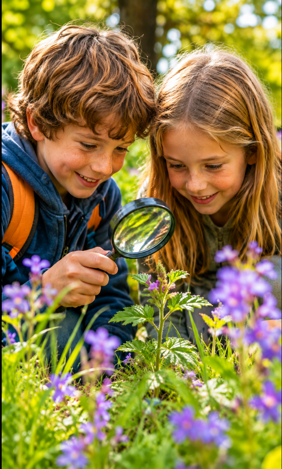 Two children exploring flowers with a magnifying glass