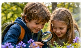 Two children exploring flowers with a magnifying glass