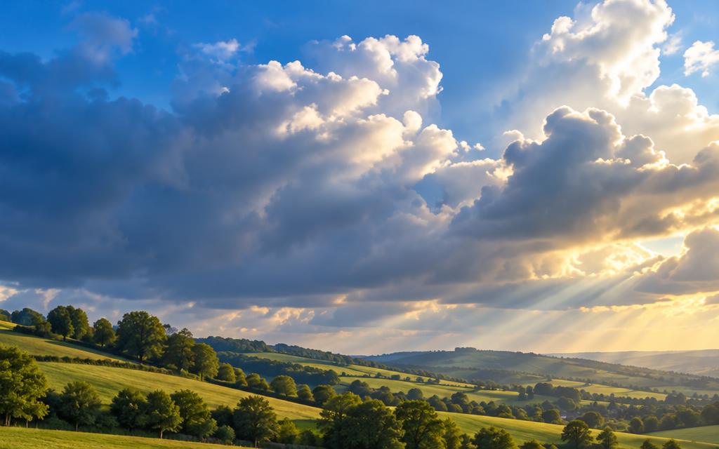 Sunlit clouds above rolling green countryside