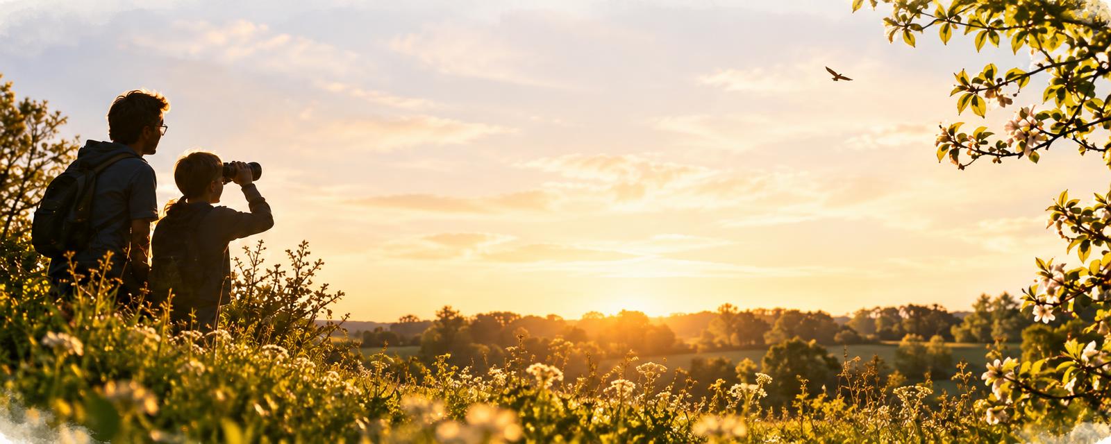 An adult and child watching nature together at sunset