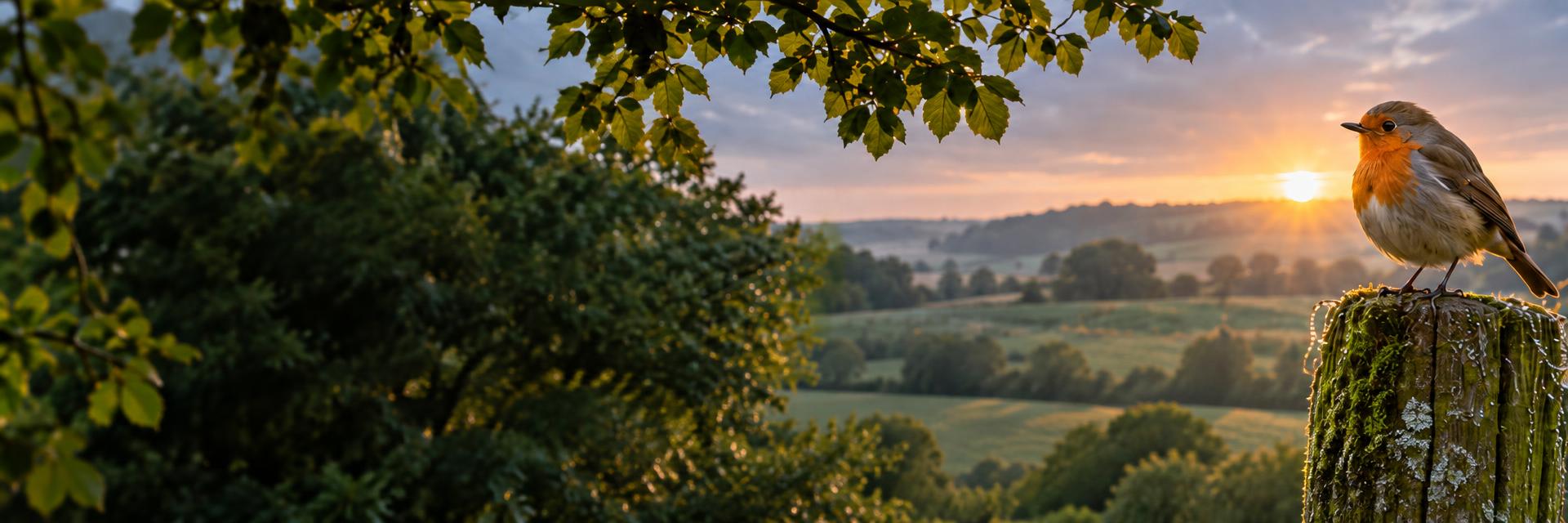 A robin perched on a mossy fence post above the countryside at sunset